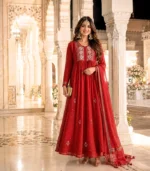 Unstitched Surkh Mukaish Mul Gown