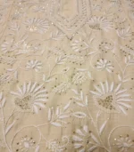 Unstitched Beige Lucknowi Chikankari Kurta Dupatta Set - Image 3