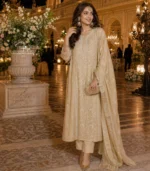 Unstitched Beige Lucknowi Chikankari Kurta Dupatta Set