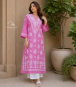 Pink Lucknowi Chikankari kurta with white hand embroidery, bell sleeves, and floral detailing, available from Fiza Chikan Dubai, UAE.