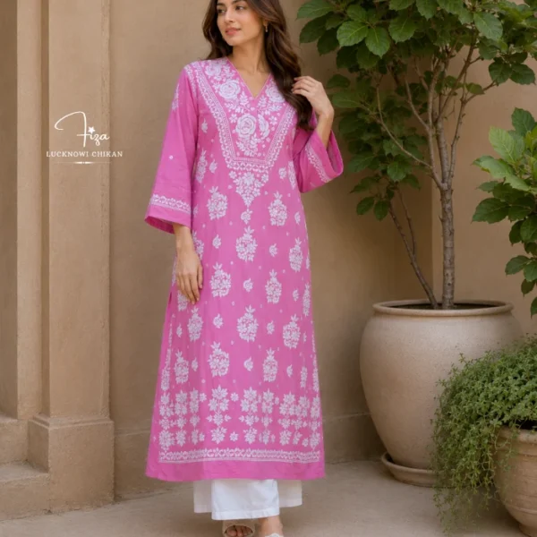 Pink Lucknowi Chikankari kurta with white hand embroidery, bell sleeves, and floral detailing, available from Fiza Chikan Dubai, UAE.