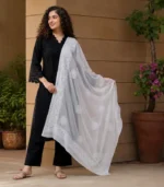 White georgette Lucknowi Chikankari dupatta with floral motifs, paisley vine embroidery and four-side embroidered borders by Fiza Chikan Dubai