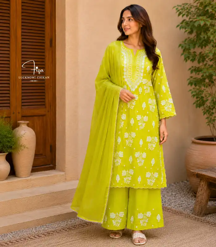Model Green Kurta Palazzo Lucknowi Chikankari in Dubai Lime Chikankari set - Image 1