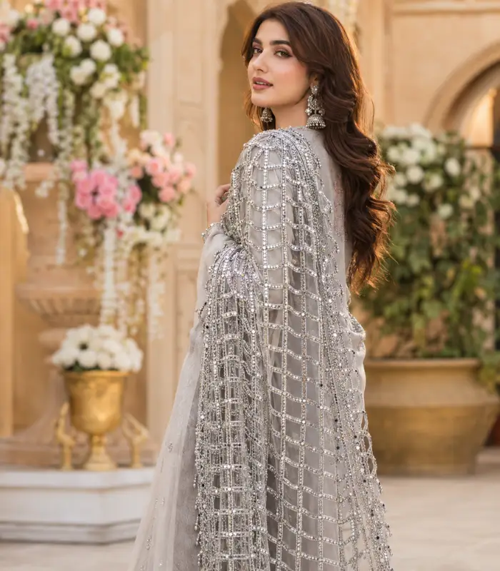 Handcrafted Mirror Work Dupatta with Silver Tassels for Women | Fiza Chikan Women's dupatta featuring handcrafted mirror work lace in a geometric square pattern with silver tassel detailing