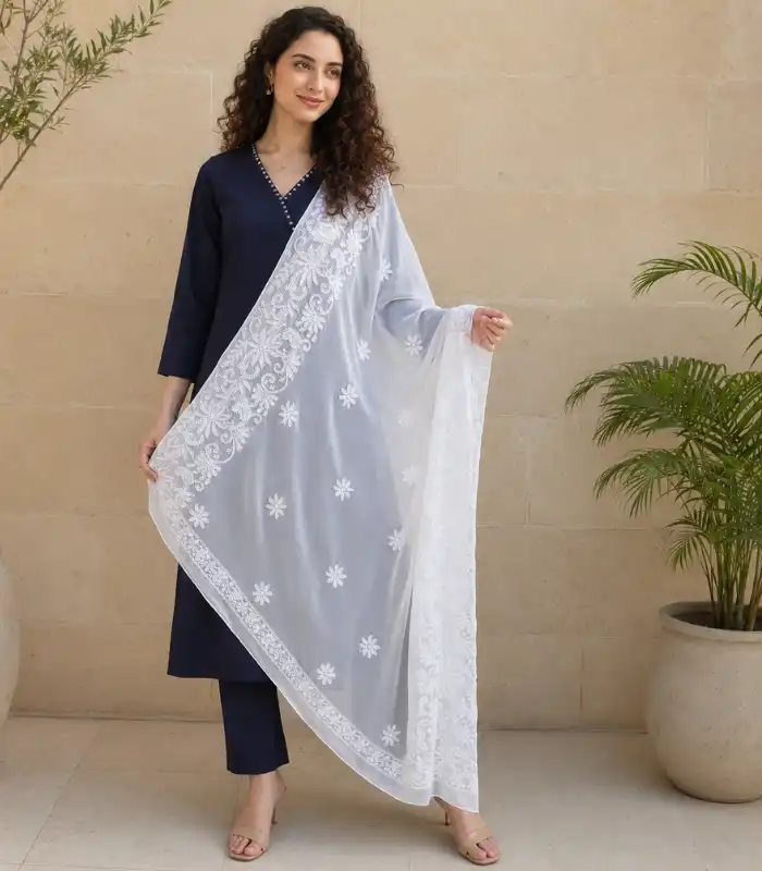 Model White Lucknowi Chikan Dupatta Safed Daisy Georgette Dupatta - Image 1
