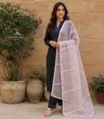 Peach, organza silk Lucknowi Chikankari dupatta with diagonal embroidery lines, floral borders, sequins and beadwork by Fiza Chikan Dubai