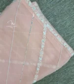 Peach organza Lucknowi Chikankari dupatta with diagonal embroidery lines, floral borders, sequins and beadwork by Fiza Chikan Dubai