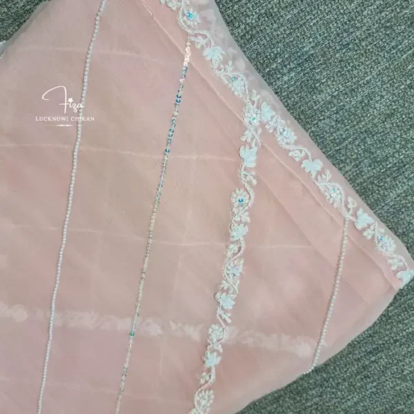 Peach organza Lucknowi Chikankari dupatta with diagonal embroidery lines, floral borders, sequins and beadwork by Fiza Chikan Dubai