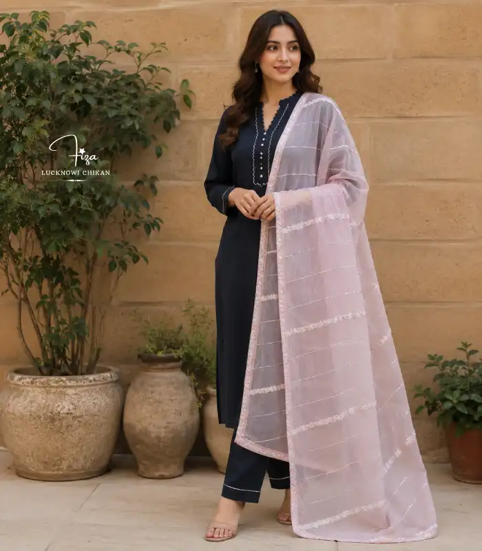 Peach Organza Lucknowi Chikankari Dupatta | Authentic Chikankari Dubai UAE | Fiza Chikan Peach, organza silk Lucknowi Chikankari dupatta with diagonal embroidery lines, floral borders, sequins and beadwork by Fiza Chikan Dubai