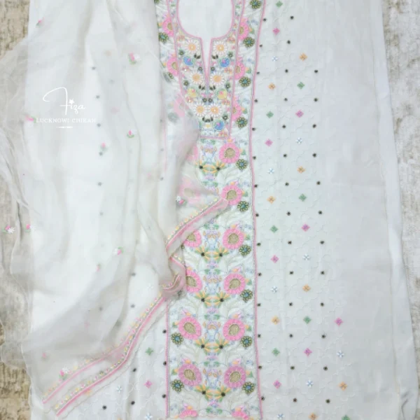 Hand embroidered Lucknowi Chikankari organza kurta with dupatta featuring floral jaal, handcrafted jaali work, zari, sequins and mirror detailing