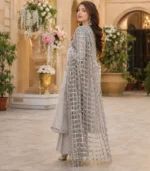 Women's dupatta featuring handcrafted mirror work lace in a geometric square pattern with silver tassel detailing