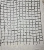 Women's dupatta featuring handcrafted mirror work lace in a geometric square pattern with silver tassel detailing