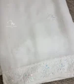 White georgette Lucknowi Chikankari dupatta with floral butis, embroidered border, sequins and bead detailing