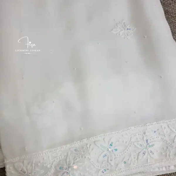 White georgette Lucknowi Chikankari dupatta with floral butis, embroidered border, sequins and bead detailing