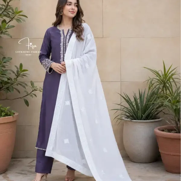 White georgette Lucknowi Chikankari dupatta with floral butis, embroidered border, sequins and bead detailing
