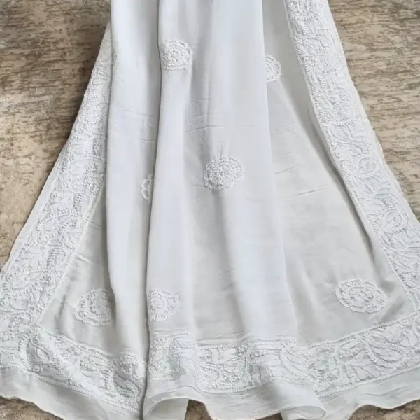 White georgette Lucknowi Chikankari dupatta with floral butis, embroidered border, sequins and bead detailing