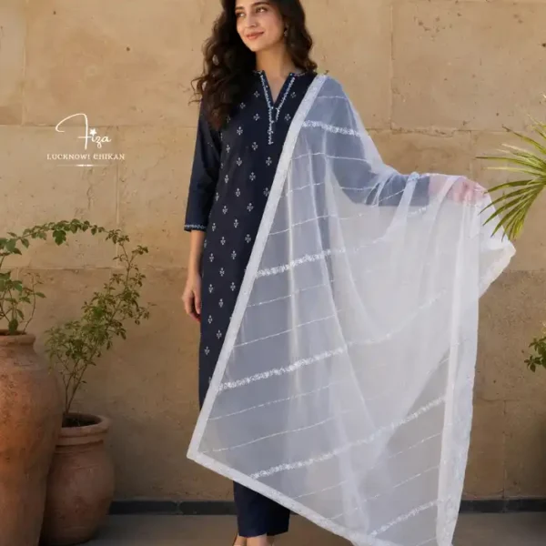 White organza Lucknowi Chikankari dupatta with diagonal embroidery lines, floral borders, sequins and beadwork by Fiza Chikan Dubai