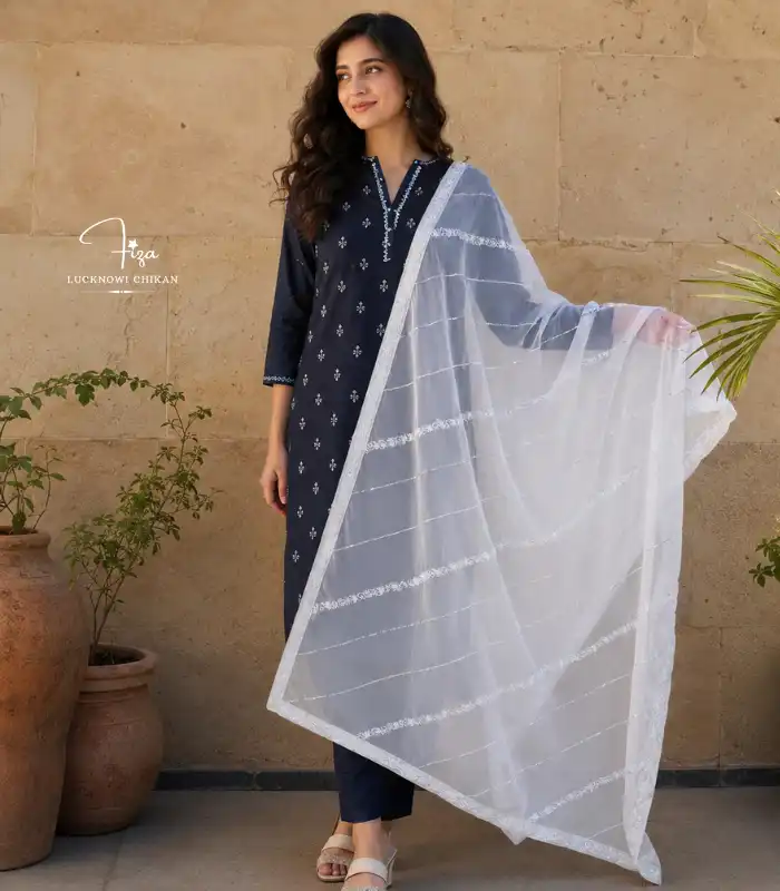 White Organza Lucknowi Chikankari Dupatta | Authentic Chikankari Dubai UAE | Fiza Chikan White organza Lucknowi Chikankari dupatta with diagonal embroidery lines, floral borders, sequins and beadwork by Fiza Chikan Dubai