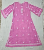Pink Lucknowi Chikankari kurta with white hand embroidery, bell sleeves, and floral detailing, available from Fiza Chikan Dubai, UAE.