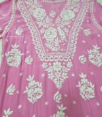 Pink Lucknowi Chikankari kurta with white hand embroidery, bell sleeves, and floral detailing, available from Fiza Chikan Dubai, UAE.