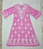 Pink Lucknowi Chikankari kurta with white hand embroidery, bell sleeves, and floral detailing, available from Fiza Chikan Dubai, UAE.