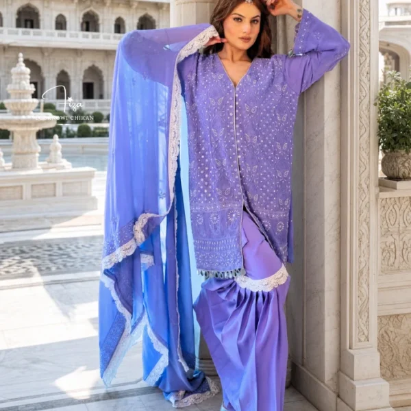 Hand embroidered Lucknowi Chikankari georgette kurta gharara set for women featuring intricate embroidery, beads and mirror detailing