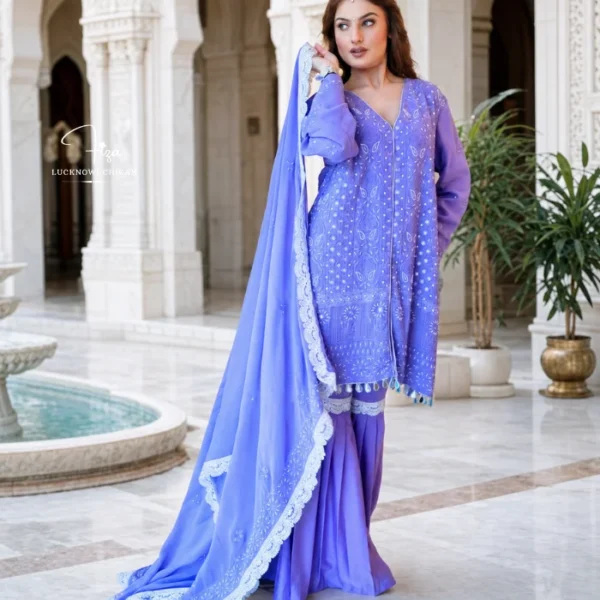 Hand embroidered Lucknowi Chikankari georgette kurta gharara set for women featuring intricate embroidery, beads and mirror detailing