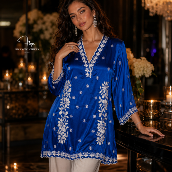 buy Satin shirt for women in Dubai. Lucknowi Chikankari top. Short Kurti in Dubai