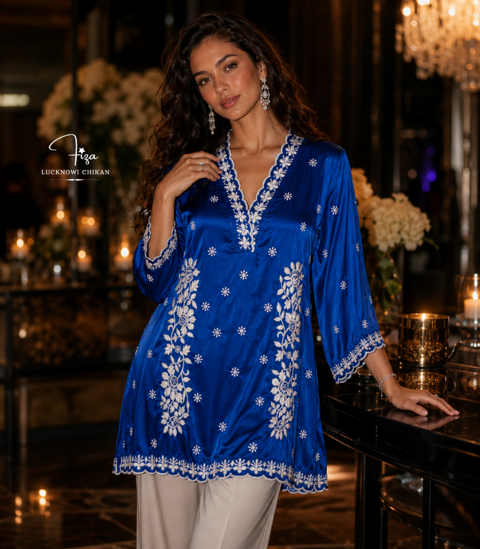 buy Satin shirt for women in Dubai. Lucknowi Chikankari top. Short Kurti in Dubai