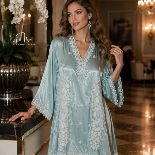 buy Satin shirt for women in Dubai. Lucknowi Chikankari top. Short Kurti in Dubai