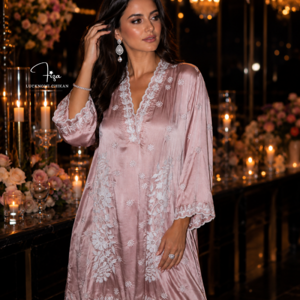buy Satin shirt for women in Dubai. Lucknowi Chikankari top. Short Kurti in Dubai