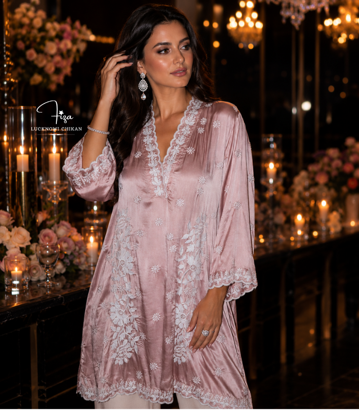 buy Satin shirt for women in Dubai. Lucknowi Chikankari top. Short Kurti in Dubai