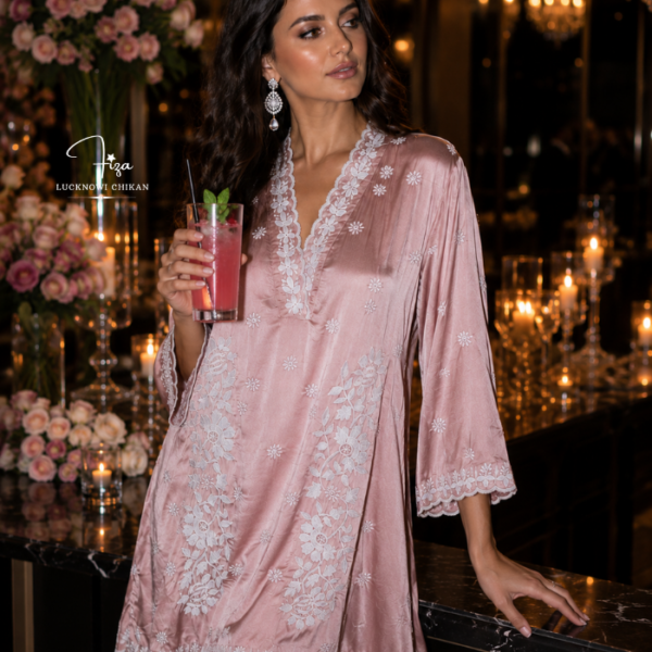 buy Satin shirt for women in Dubai. Lucknowi Chikankari top. Short Kurti in Dubai