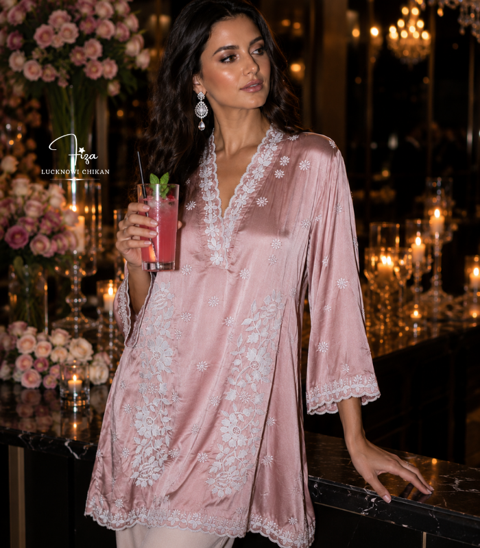 buy Satin shirt for women in Dubai. Lucknowi Chikankari top. Short Kurti in Dubai