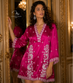 buy Pink Satin shirt for women in Dubai. Lucknowi Chikankari top. Short Kurti in Dubai