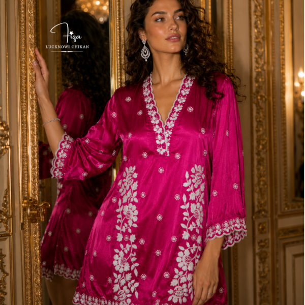 buy Pink Satin shirt for women in Dubai. Lucknowi Chikankari top. Short Kurti in Dubai