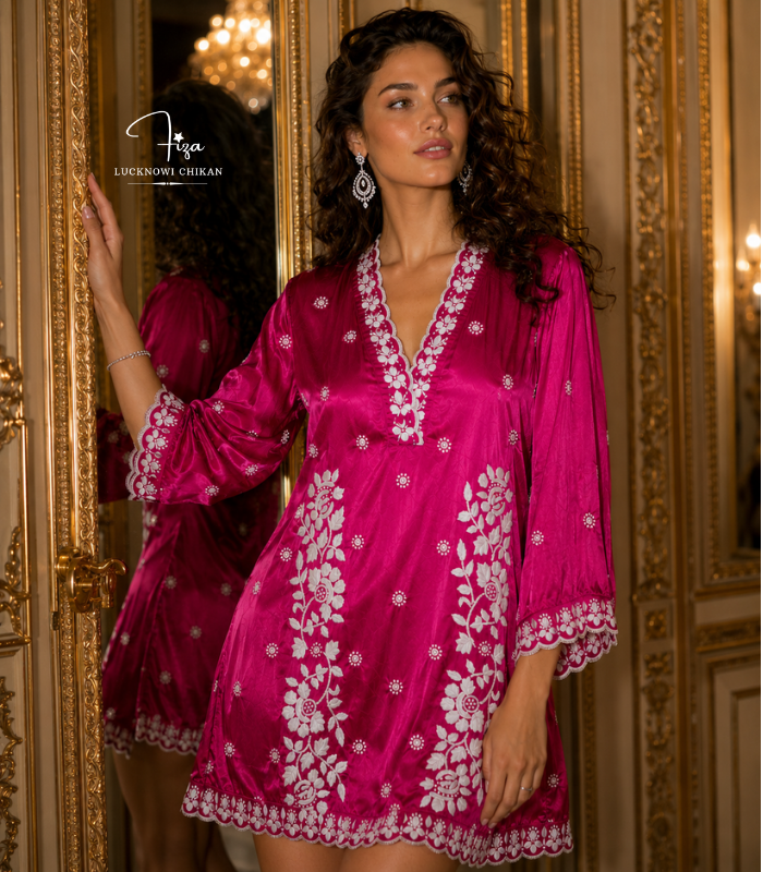 buy Pink Satin shirt for women in Dubai. Lucknowi Chikankari top. Short Kurti in Dubai