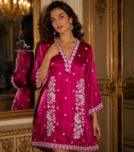 buy Satin shirt for women in Dubai. Lucknowi Chikankari top. Short Kurti in Dubai