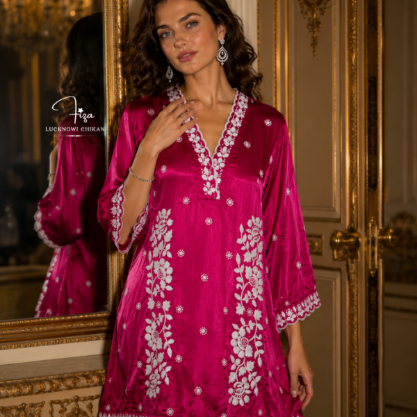 buy Satin shirt for women in Dubai. Lucknowi Chikankari top. Short Kurti in Dubai