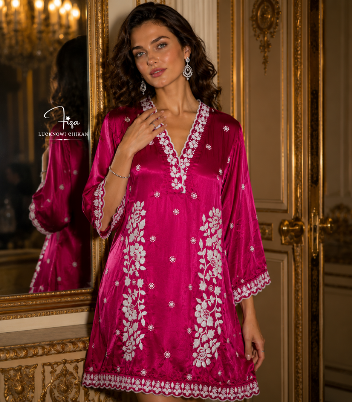 buy Satin shirt for women in Dubai. Lucknowi Chikankari top. Short Kurti in Dubai