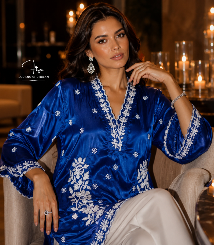 buy Satin shirt for women in Dubai. Lucknowi Chikankari top. Short Kurti in Dubai