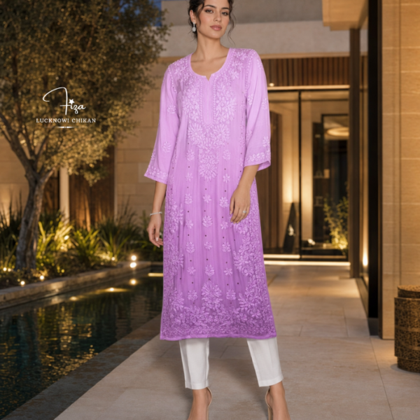 Lilac Ombre Lucknowi Chikankari Kurta with Mukaish