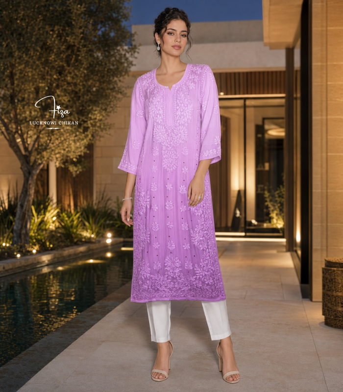 Lilac Ombre Lucknowi Chikankari Kurta with Mukaish