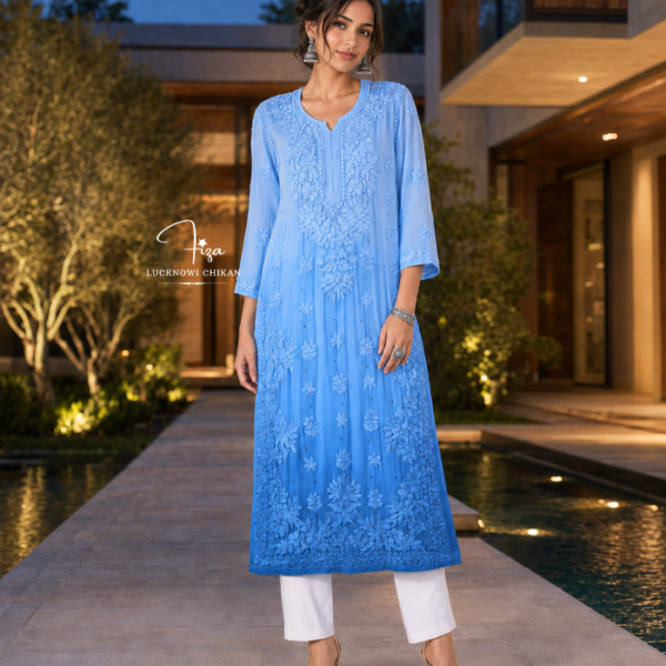 Blue Ombre Lucknowi Chikankari Kurta with Mukaish Work