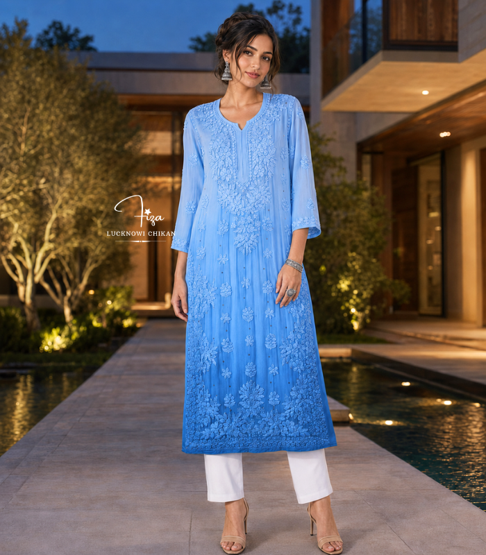 Blue Ombre Lucknowi Chikankari Kurta with Mukaish Work