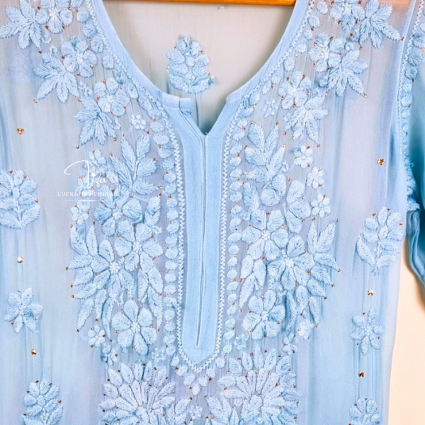 Blue Ombre Lucknowi Chikankari Kurta with Mukaish Work