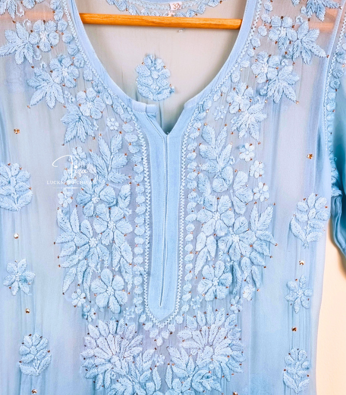 Blue Ombre Lucknowi Chikankari Kurta with Mukaish Work