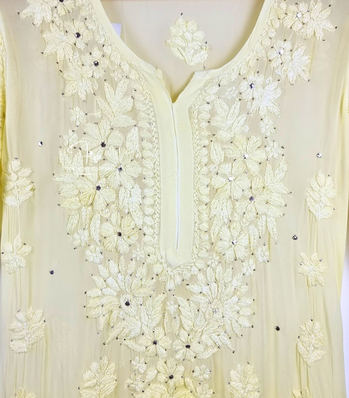Yellow Ombre Lucknowi Chikankari Kurta with Mukaish Work