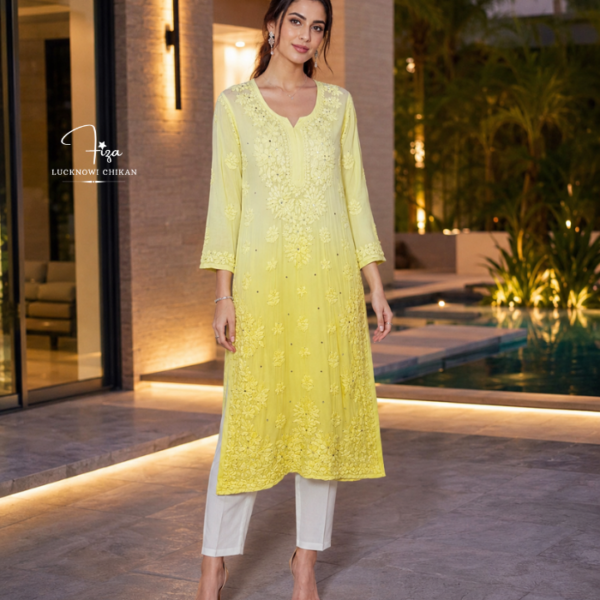 Yellow Ombre Lucknowi Chikankari Kurta with Mukaish Work