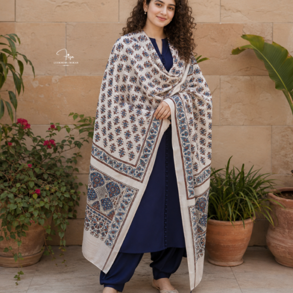 Beige Ajrakh Modal Satin Dupatta